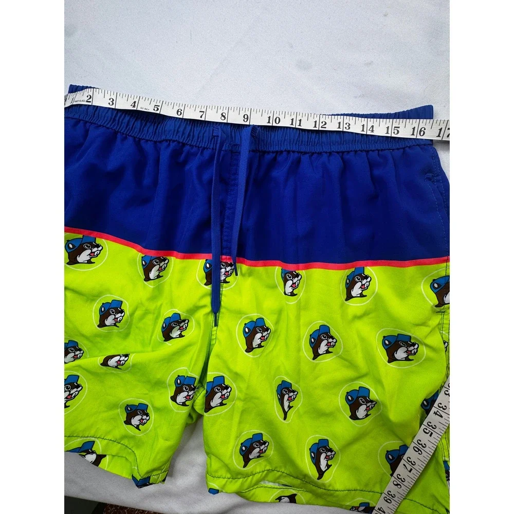 Buc-ees Mens 2X Swim Trunks Blue Lime Green Beaver Mascot Board Shorts Texas 2XL